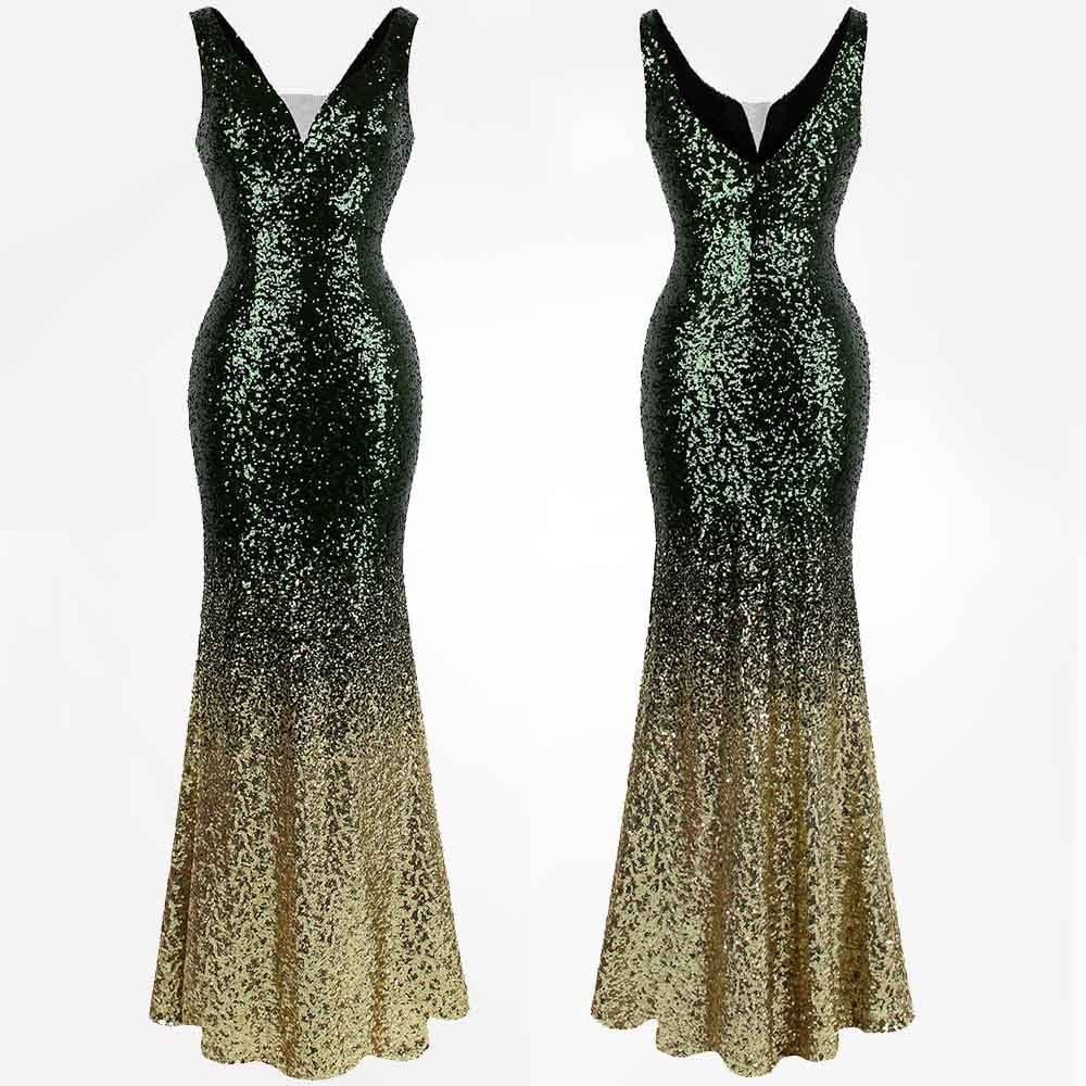 Mermaid Contrast Sequin V Neck Gown