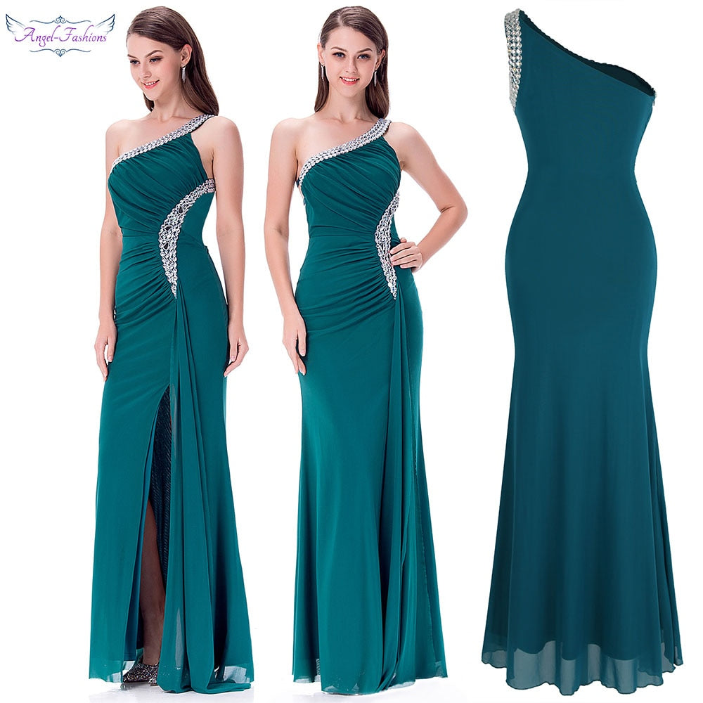 One Shoulder Pleated Beading Formal Gown