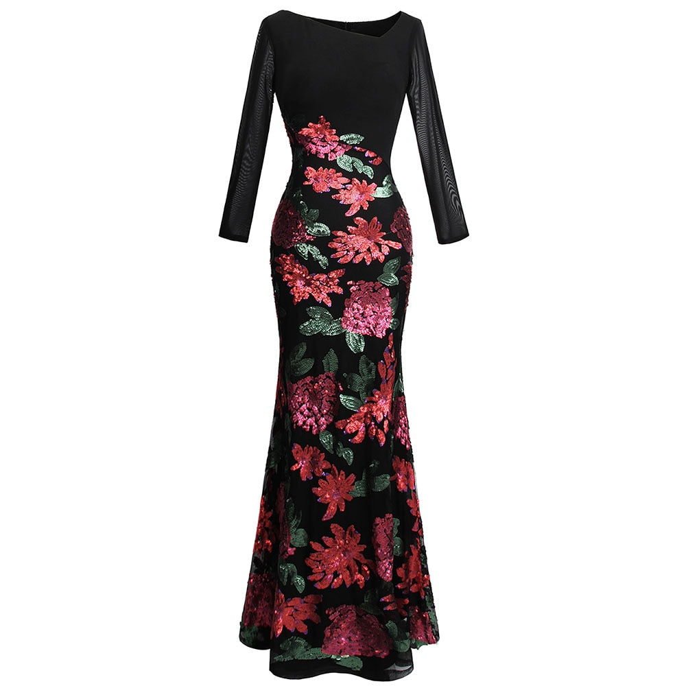 Flower Sequin Beading Evening Dress