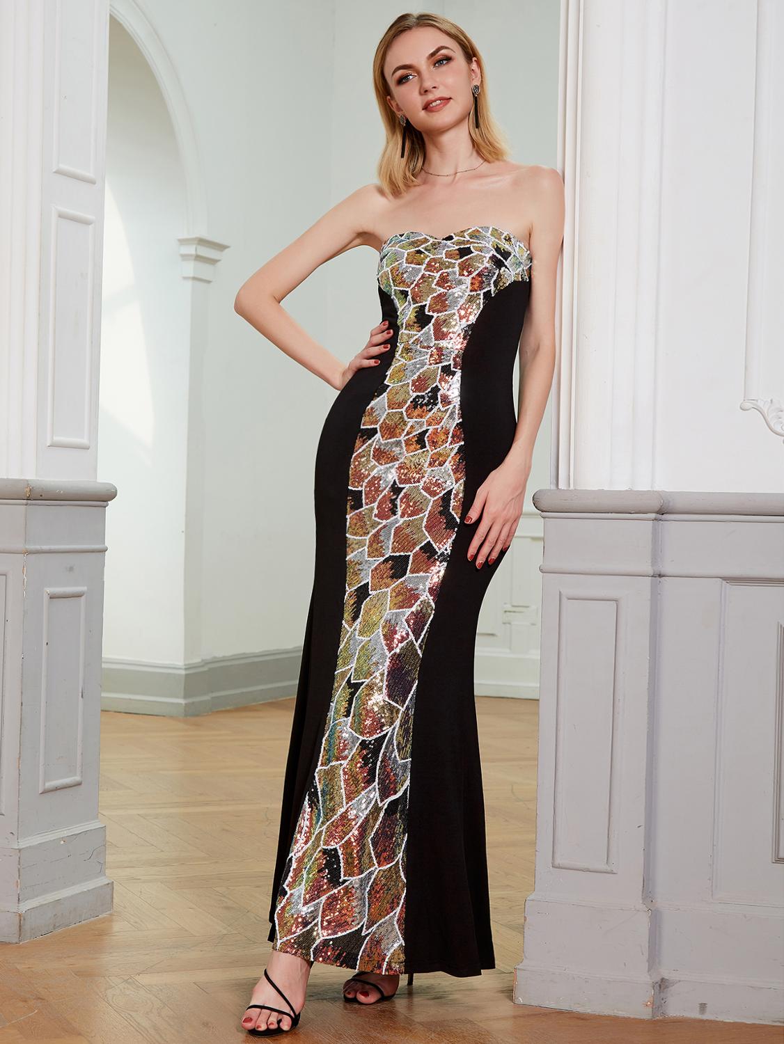 `Long Strapless Sequin Mermaid Evening Gown