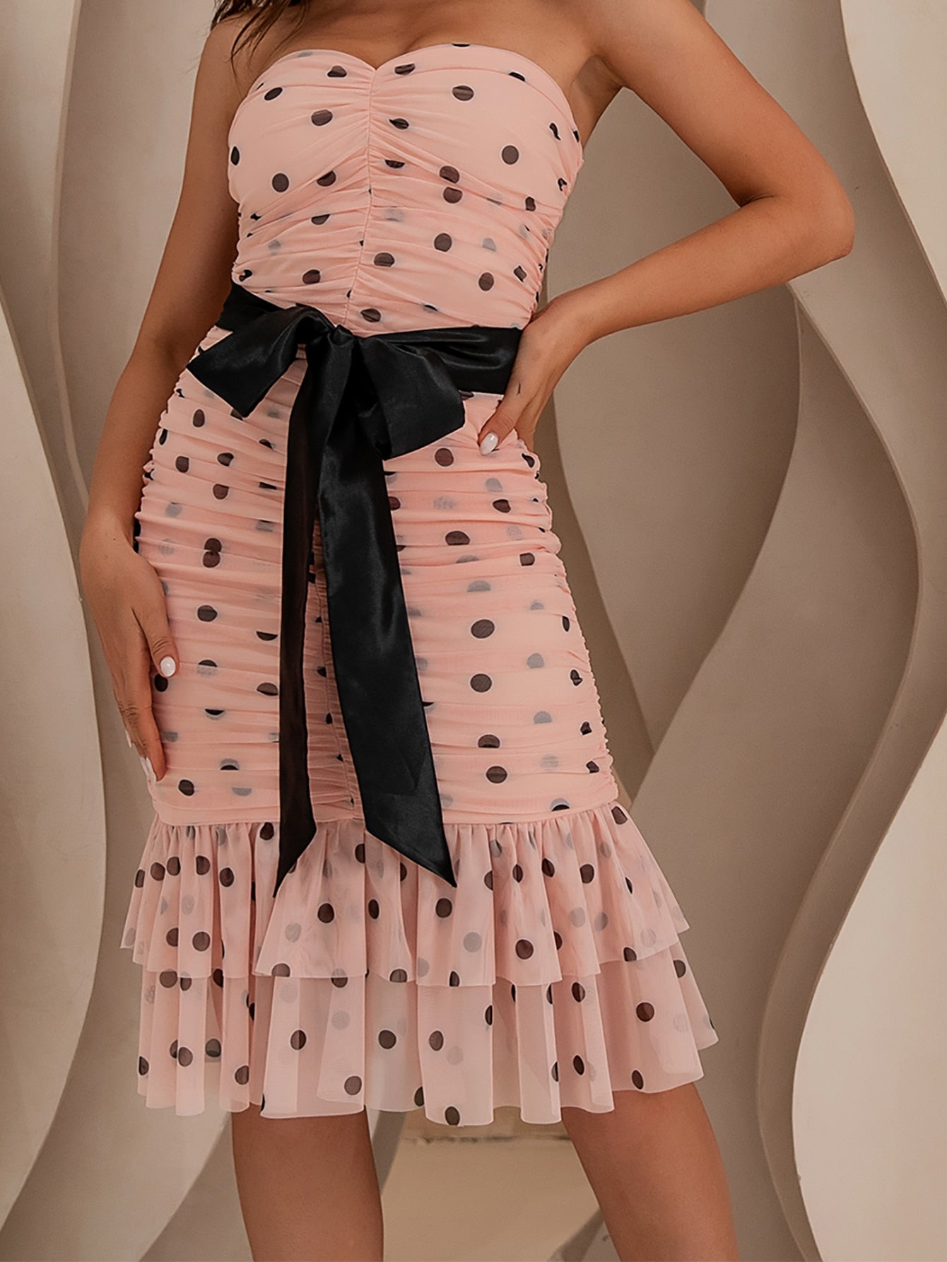 Strapless Polka Dots Mermaid Knee Length Dress