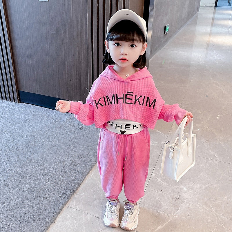 Girls 3Pcs Waffle Alphabet Crop Top Hoodie Drawstring Sweatpants