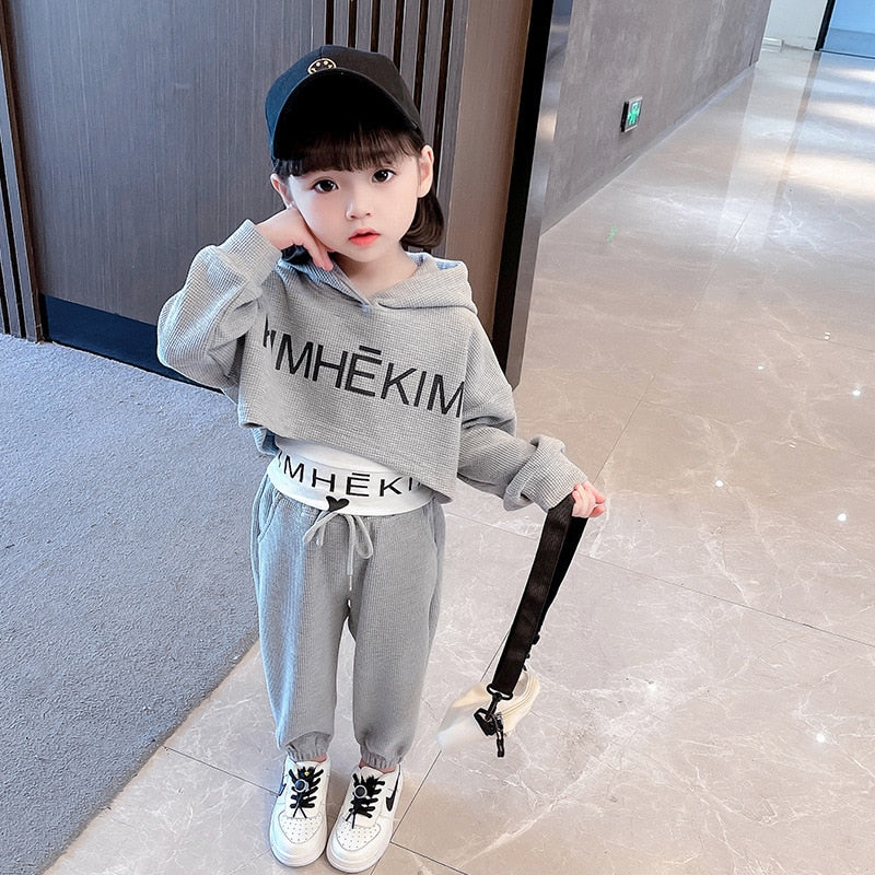 Girls 3Pcs Waffle Alphabet Crop Top Hoodie Drawstring Sweatpants