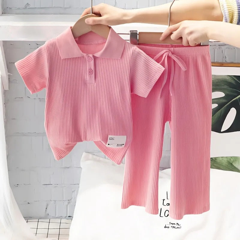 Short-Sleeved Polo Shirt Wide Leg 2Pcs Pant Sets