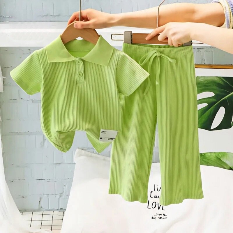 Short-Sleeved Polo Shirt Wide Leg 2Pcs Pant Sets