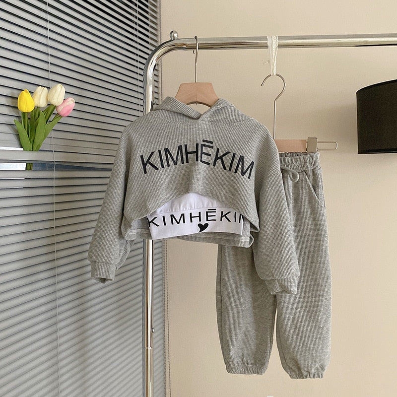 Girls 3Pcs Waffle Alphabet Crop Top Hoodie Drawstring Sweatpants