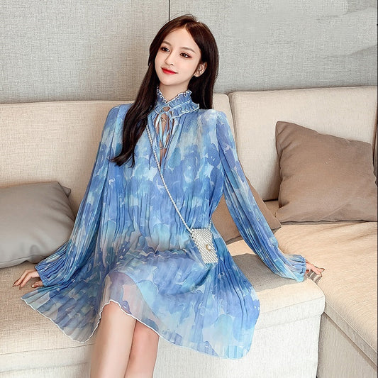 French Style Chiffon Floral Print Long Sleeve Dress