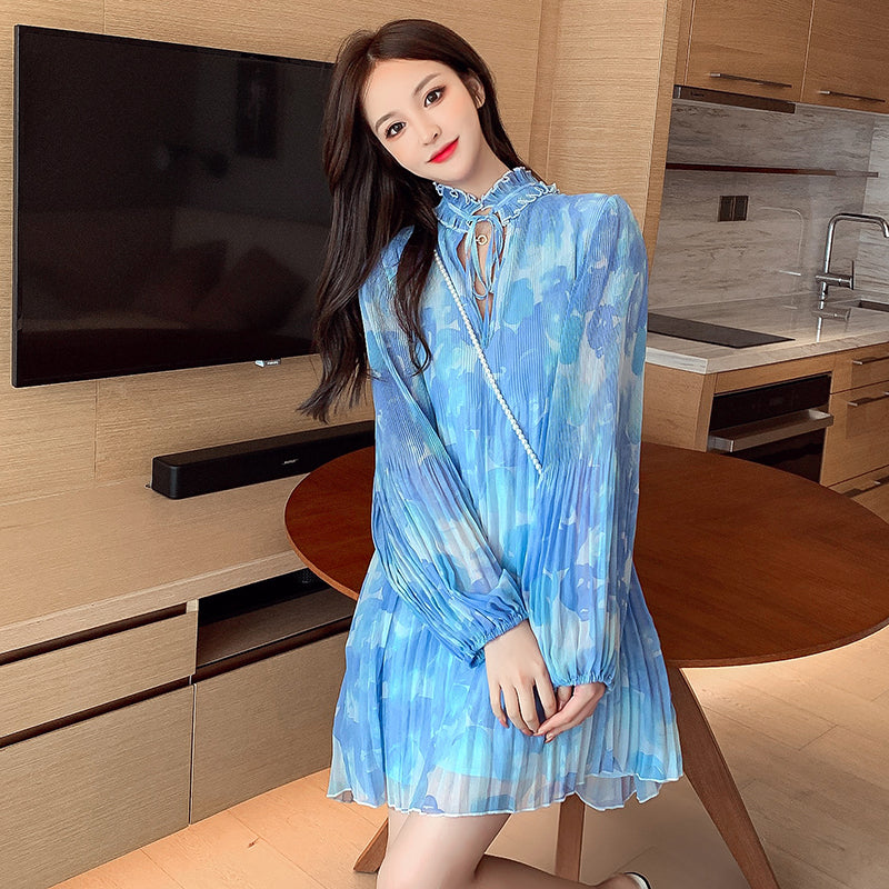 French Style Chiffon Floral Print Long Sleeve Dress