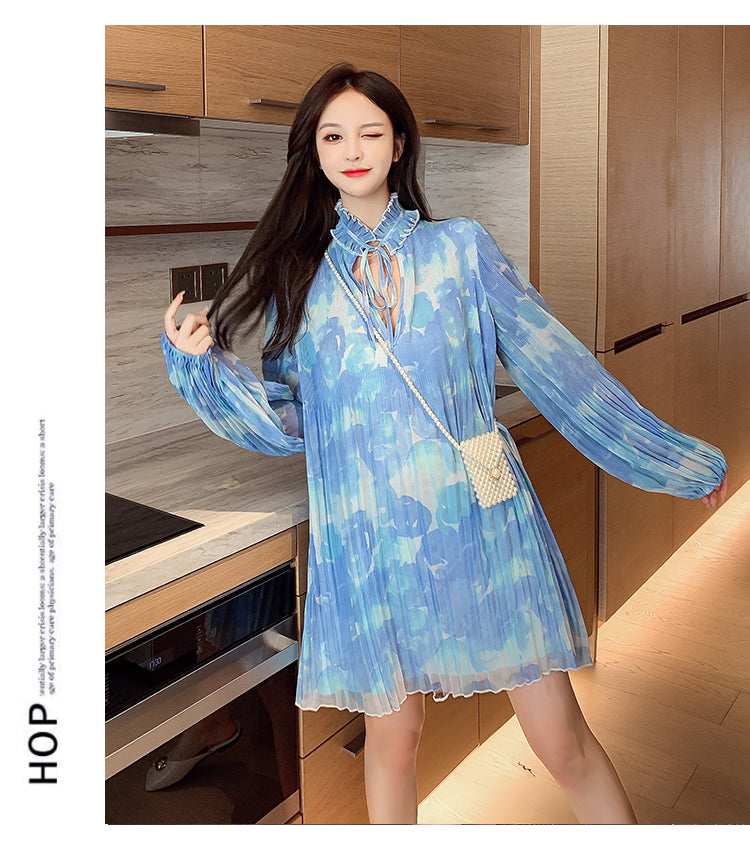 French Style Chiffon Floral Print Long Sleeve Dress