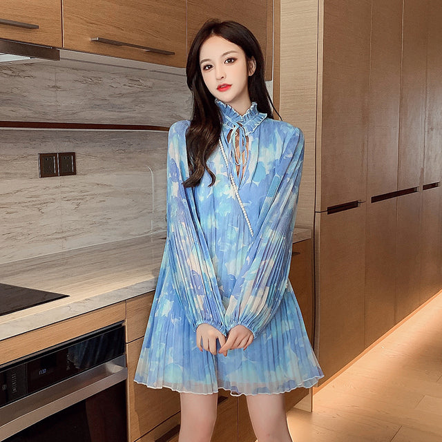 French Style Chiffon Floral Print Long Sleeve Dress